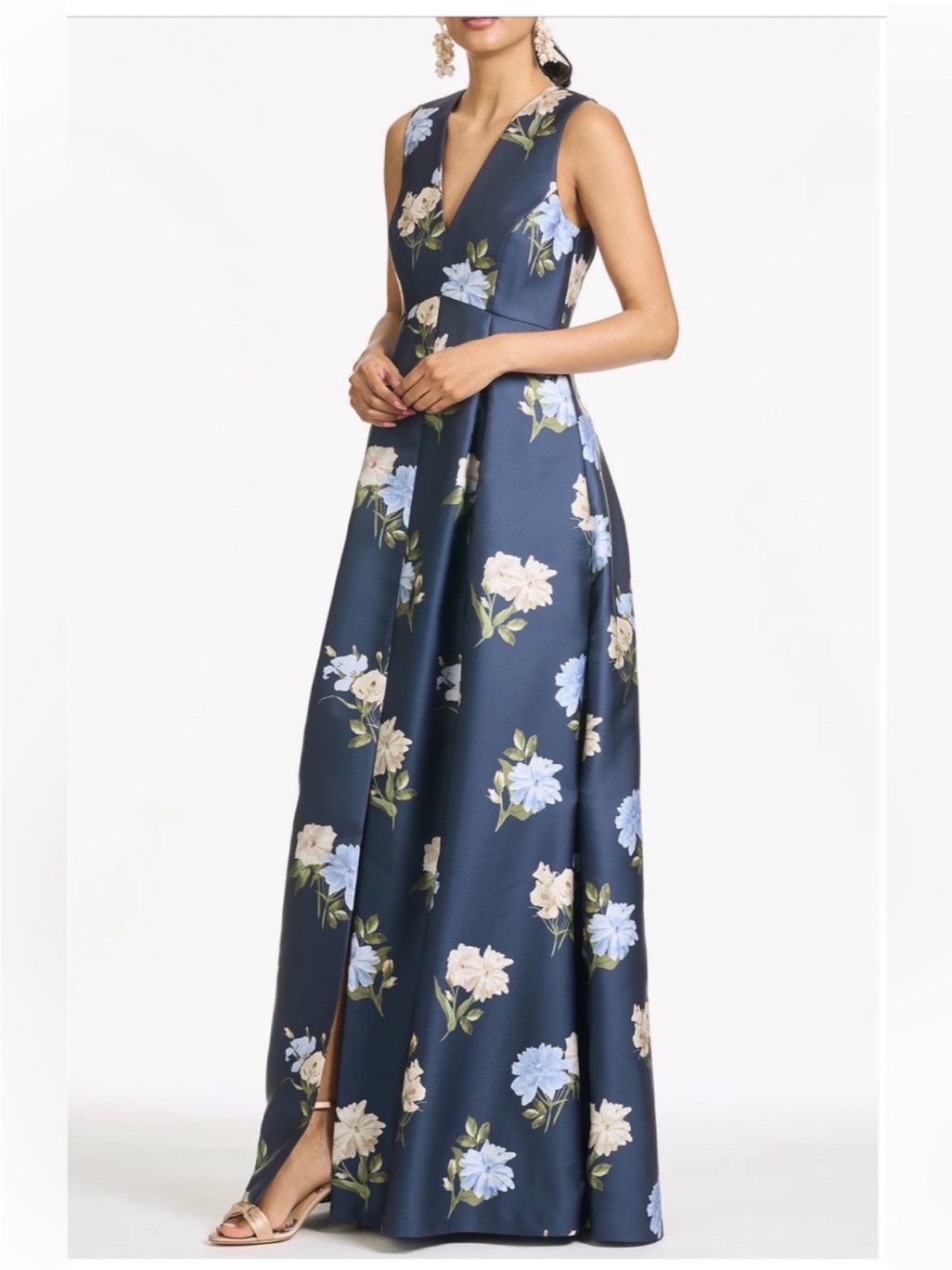 New Sachin + Babi Brooklynne Floral Mikado Gown Maritime Corsage Blue